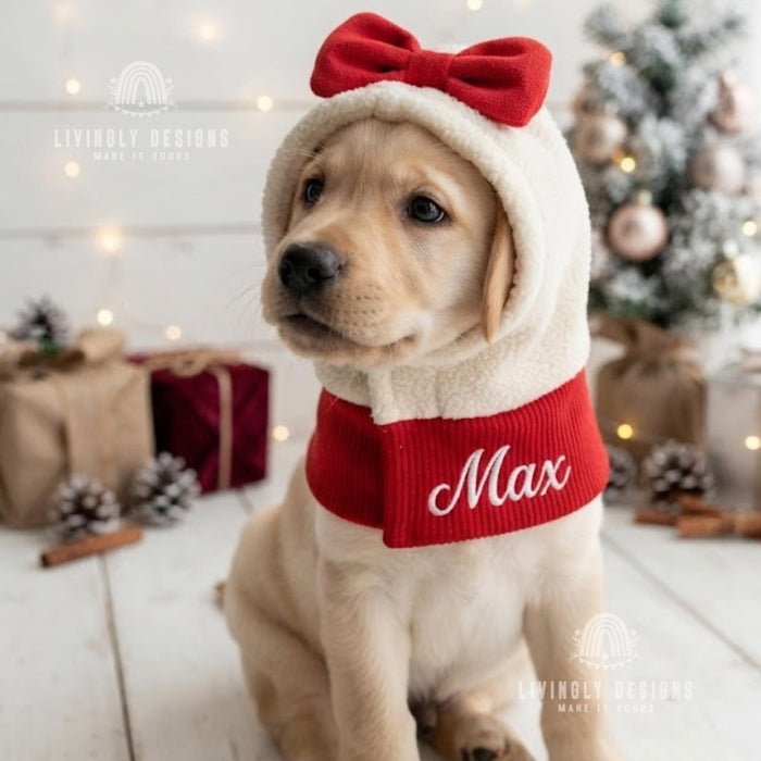 Custom Embroidered Dog Hoodie: Cozy Fleece Holiday, Christmas Snood with Bow for Dogs & Cats