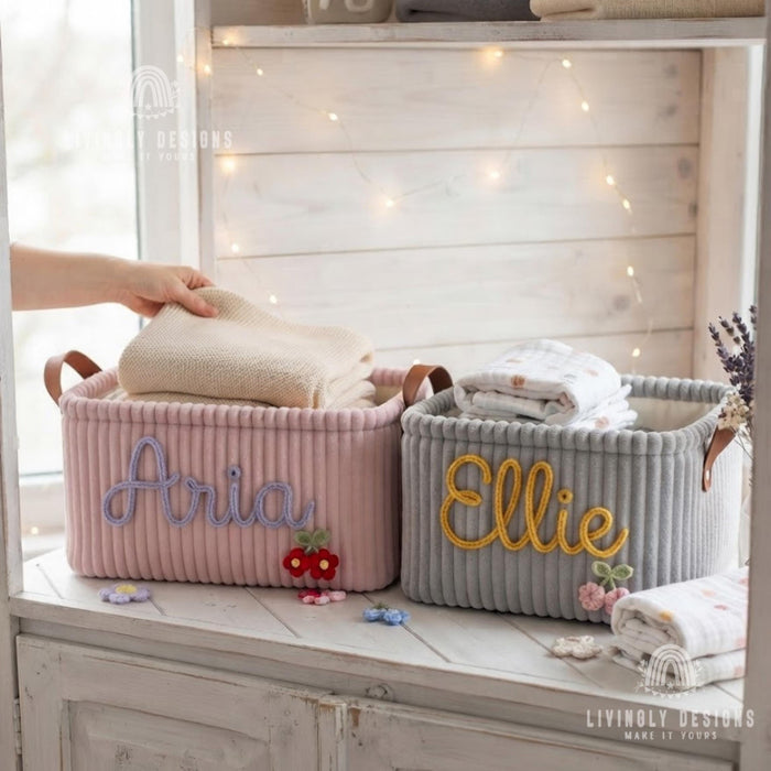 Custom Toy Basket with Yarn Name, Plush Kids Storage Bin, Christmas Gift