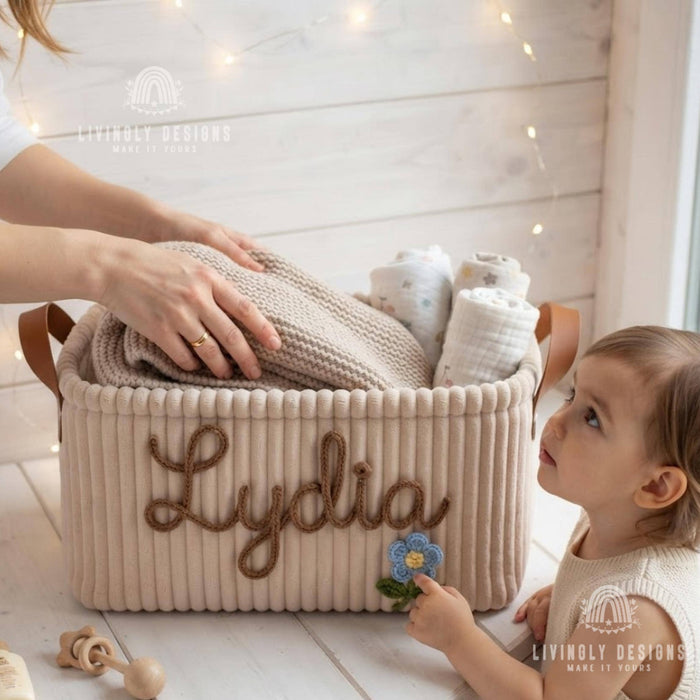 Custom Toy Basket with Yarn Name, Plush Kids Storage Bin, Christmas Gift