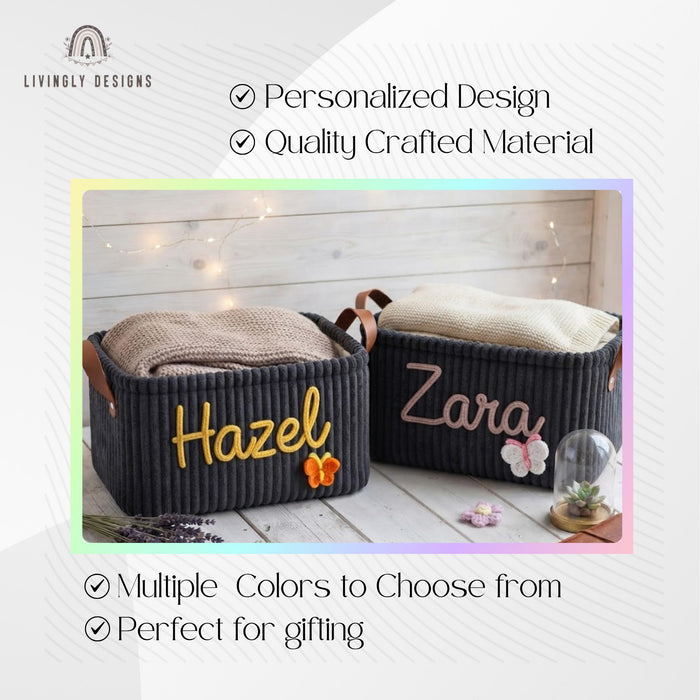 Custom Toy Basket with Yarn Name, Plush Kids Storage Bin, Christmas Gift