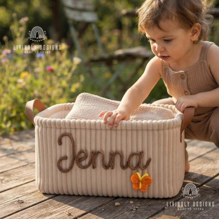 Custom Toy Basket with Yarn Name, Plush Kids Storage Bin, Christmas Gift