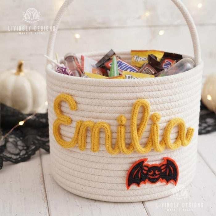 Custom Name Halloween Bucket, Rope Trick or Treat Bag, Kids Costume Basket