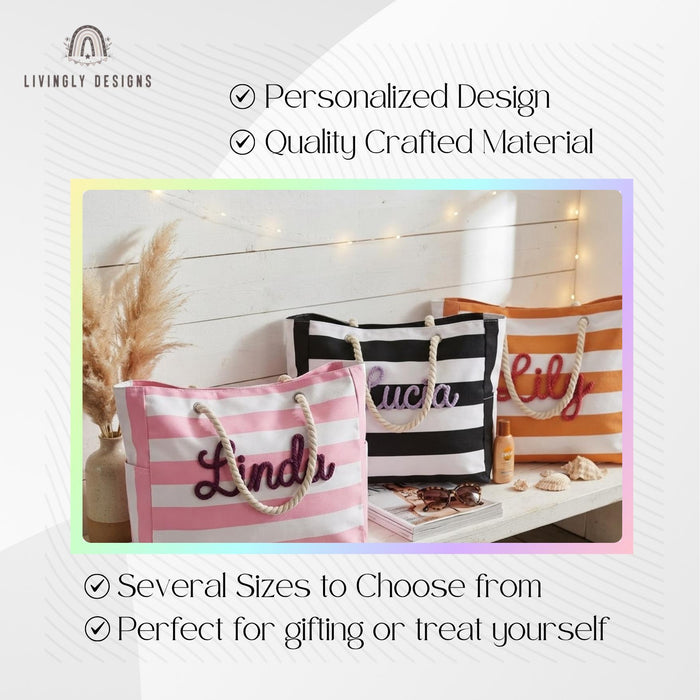 Personalized Rope Name Beach Tote, Striped Canvas Vacation Bag