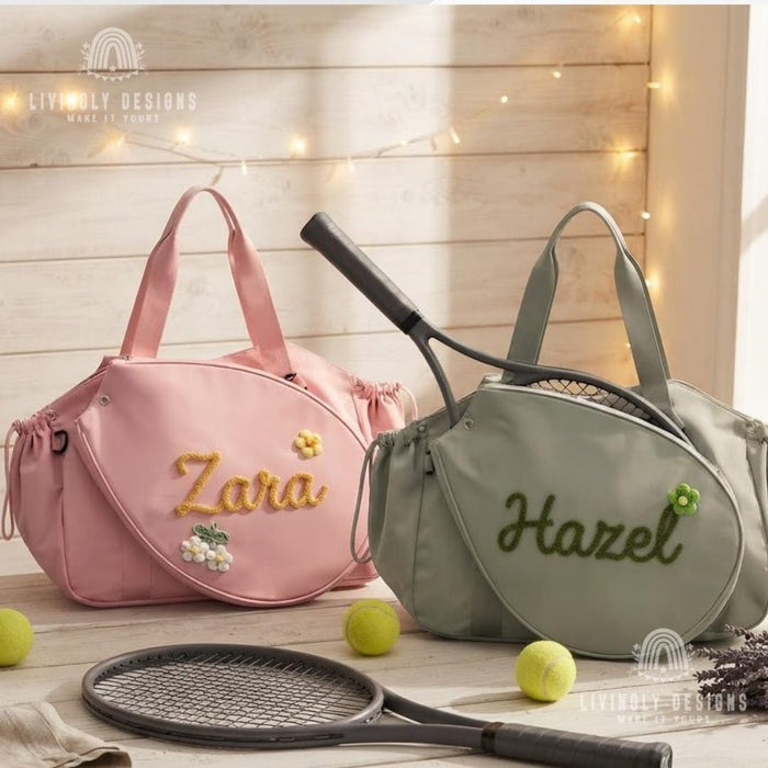 Personalized Racket Duffle Bag: Tennis Tote with Embroidered Charm
