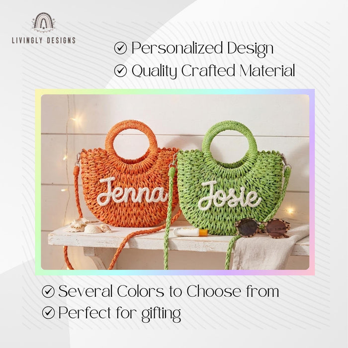 Personalized Woven Straw Bag: Round Handle Crossbody Summer Purse