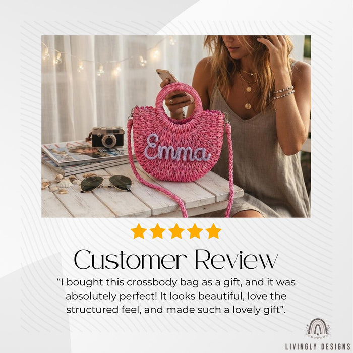 Personalized Woven Straw Bag: Round Handle Crossbody Summer Purse