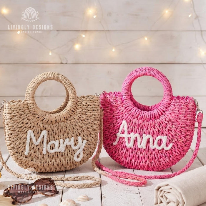 Personalized Woven Straw Bag: Round Handle Crossbody Summer Purse