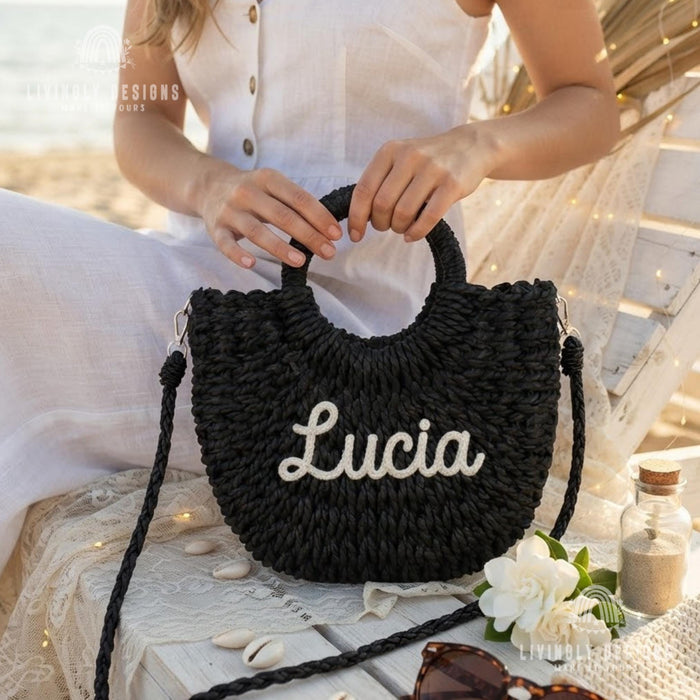 Personalized Woven Straw Bag: Round Handle Crossbody Summer Purse