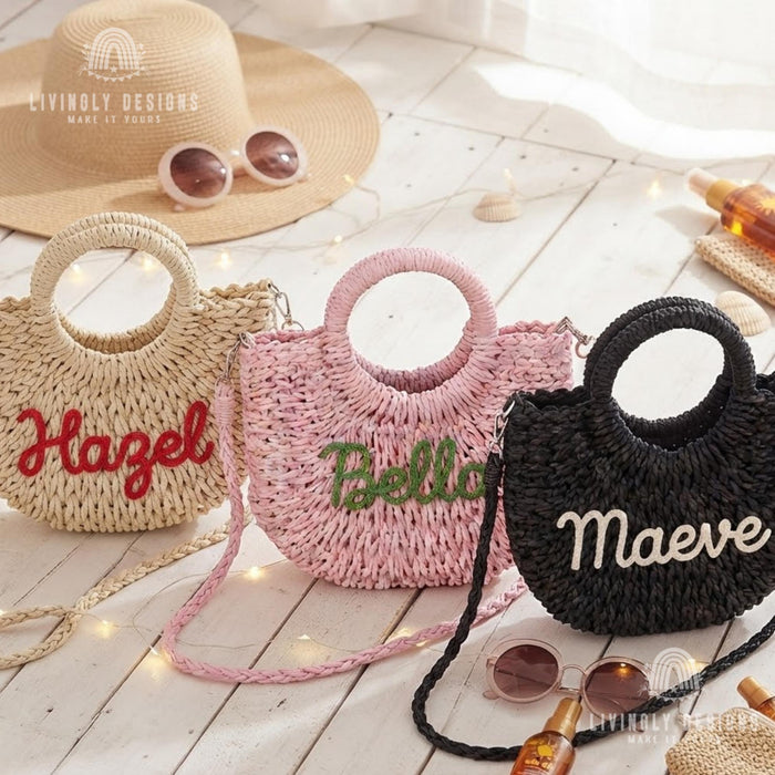 Personalized Woven Straw Bag: Round Handle Crossbody Summer Purse
