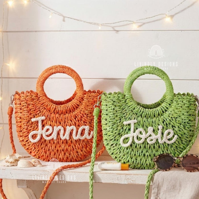 Personalized Woven Straw Bag: Round Handle Crossbody Summer Purse