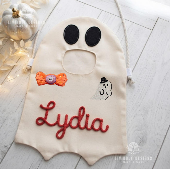 Custom Name Ghost Trick-or-Treat Bag: Kids Halloween Candy Tote with Charm
