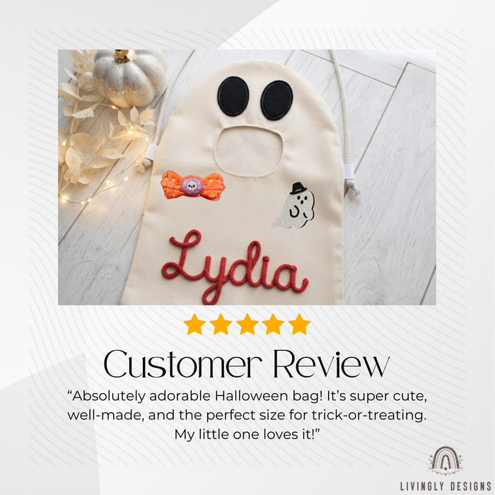 Custom Name Ghost Trick-or-Treat Bag: Kids Halloween Candy Tote with Charm