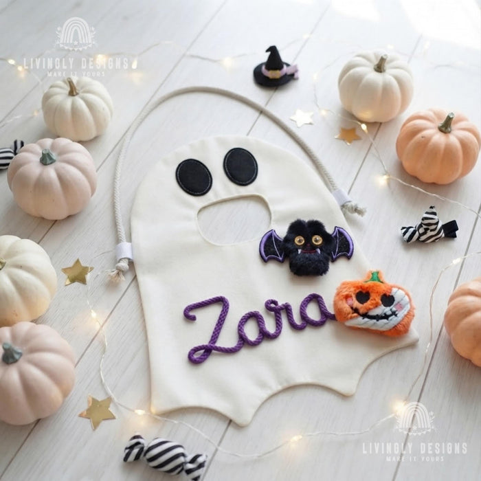 Custom Name Ghost Trick-or-Treat Bag: Kids Halloween Candy Tote with Charm