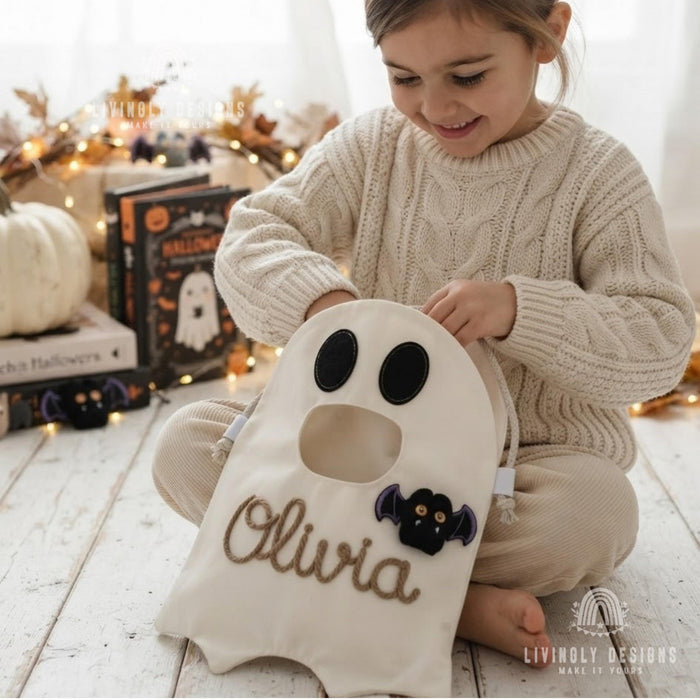 Custom Name Ghost Trick-or-Treat Bag: Kids Halloween Candy Tote with Charm