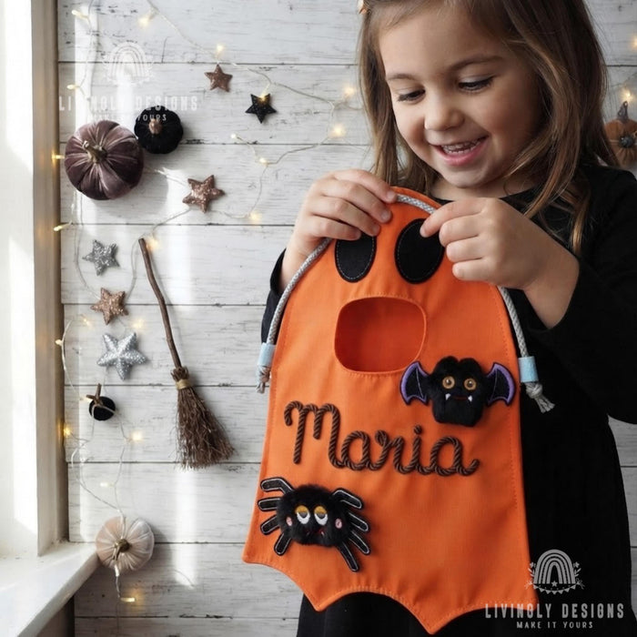Custom Name Ghost Trick-or-Treat Bag: Kids Halloween Candy Tote with Charm