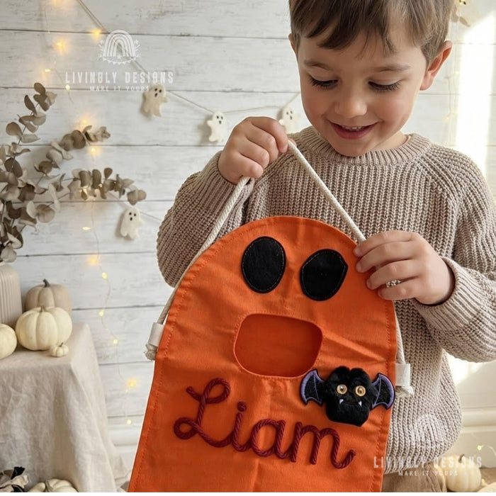 Custom Name Ghost Trick-or-Treat Bag: Kids Halloween Candy Tote with Charm