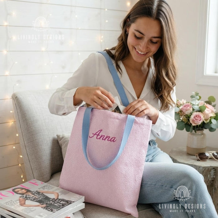 Custom Embroidered Tote: Striped Cotton Tote with Contrast Handle