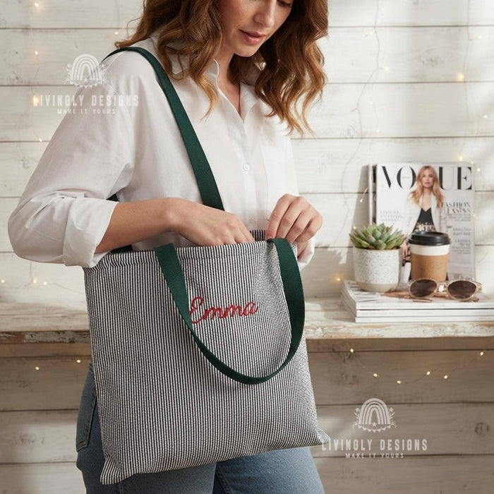 Custom Embroidered Tote: Striped Cotton Tote with Contrast Handle
