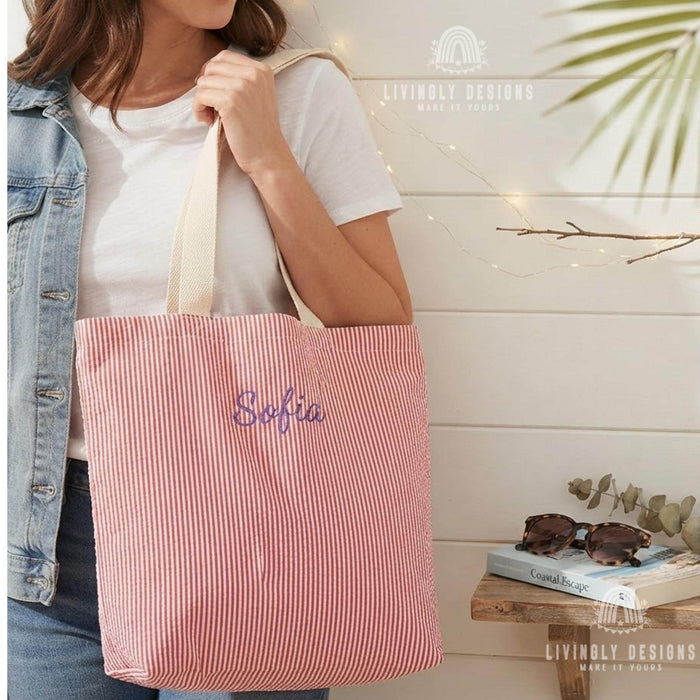 Custom Embroidered Tote: Striped Cotton Tote with Contrast Handle