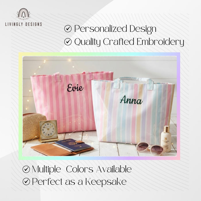 Personalized Name Tote Bag - PVC Beach Bag in Stripes, Leopard & Checkerboard