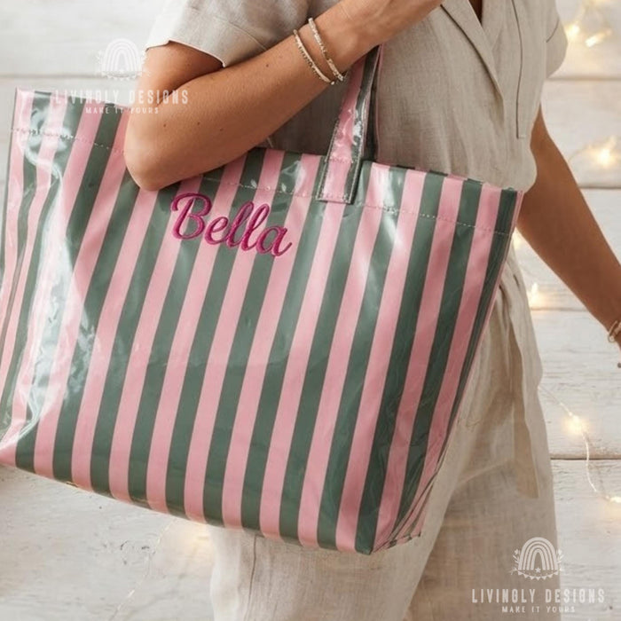 Personalized Name Tote Bag - PVC Beach Bag in Stripes, Leopard & Checkerboard