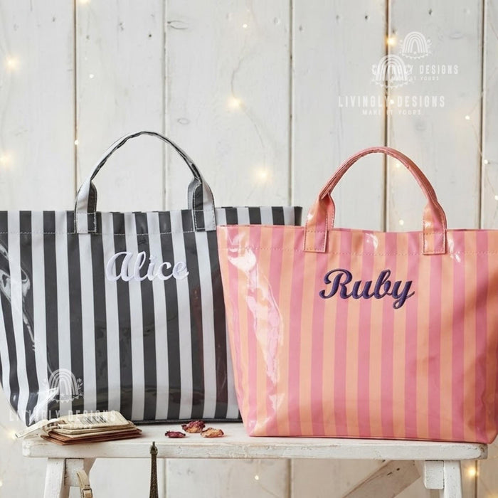 Personalized Name Tote Bag - PVC Beach Bag in Stripes, Leopard & Checkerboard