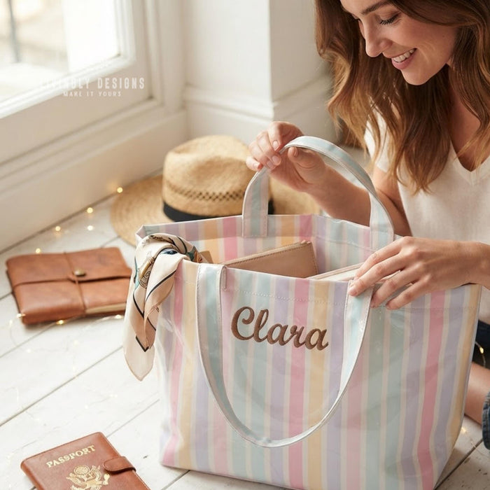 Personalized Name Tote Bag - PVC Beach Bag in Stripes, Leopard & Checkerboard