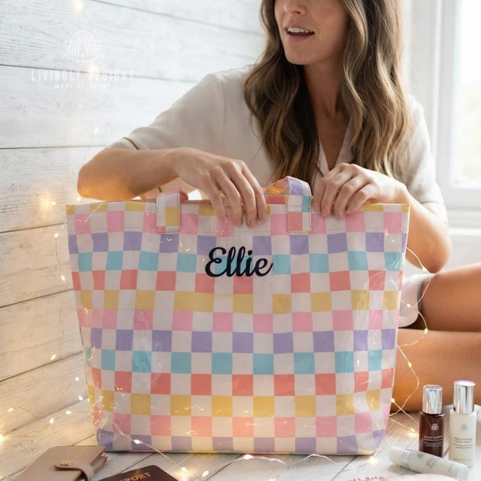 Personalized Name Tote Bag - PVC Beach Bag in Stripes, Leopard & Checkerboard