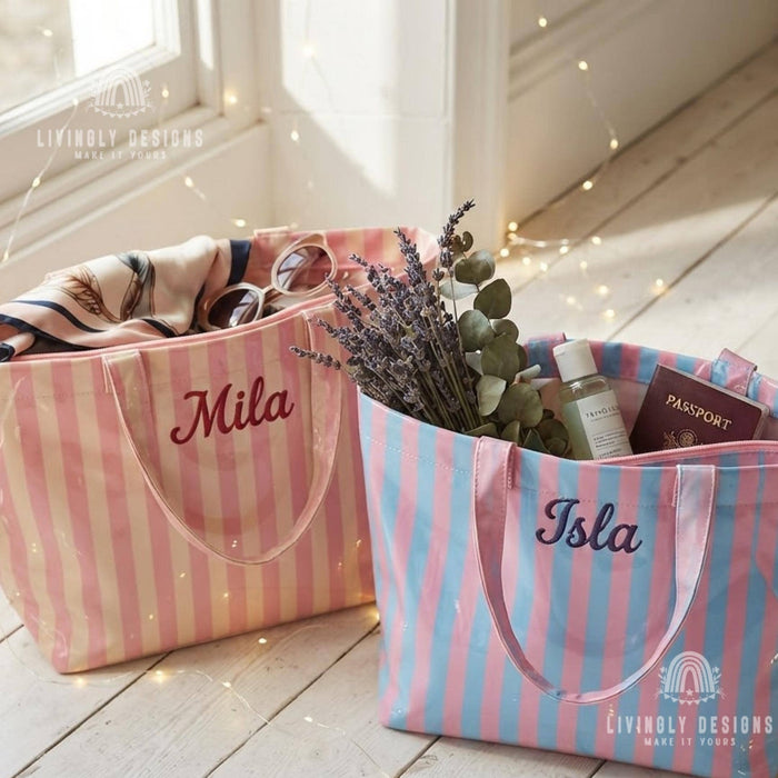 Personalized Name Tote Bag - PVC Beach Bag in Stripes, Leopard & Checkerboard