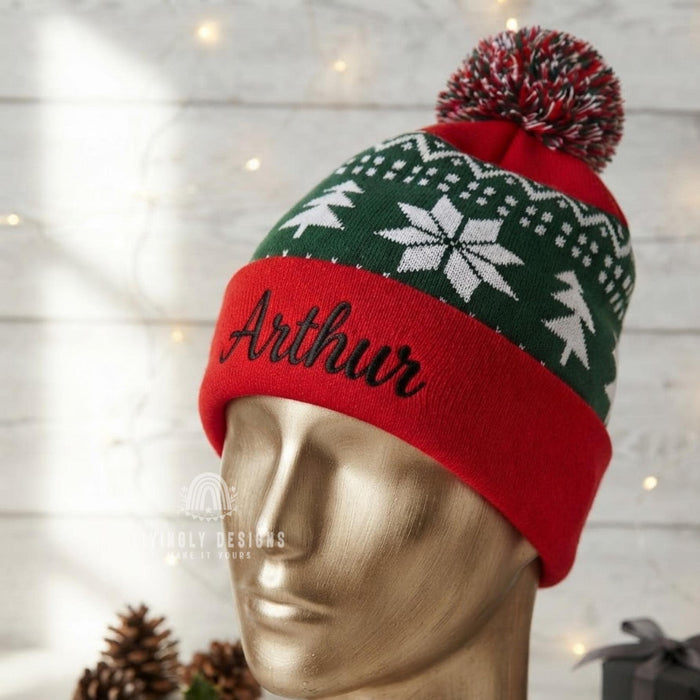 Matching Family Winter Hats, Stitched Name Knit Beanie with Pom Pom