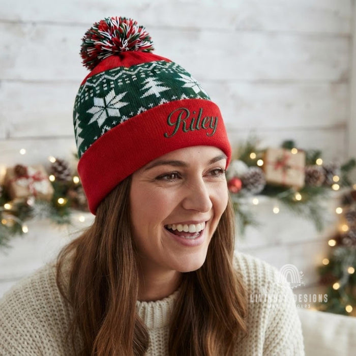 Matching Family Winter Hats, Stitched Name Knit Beanie with Pom Pom