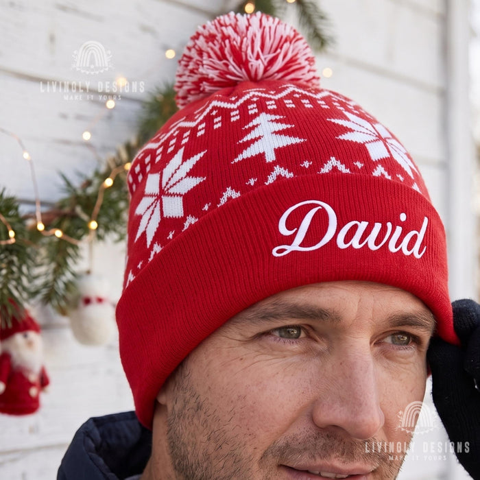 Custom Name Pom Pom Beanie - Embroidered Christmas Knit Hat for Kids & Adults