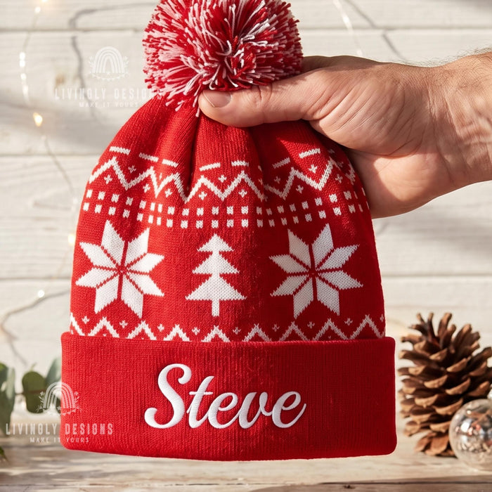 Custom Name Pom Pom Beanie - Embroidered Christmas Knit Hat for Kids & Adults