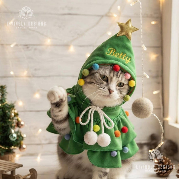 Personalized Pet Christmas Tree Cape: Custom Embroidered Costume for Dogs & Cats, Festive Costume, Jacket