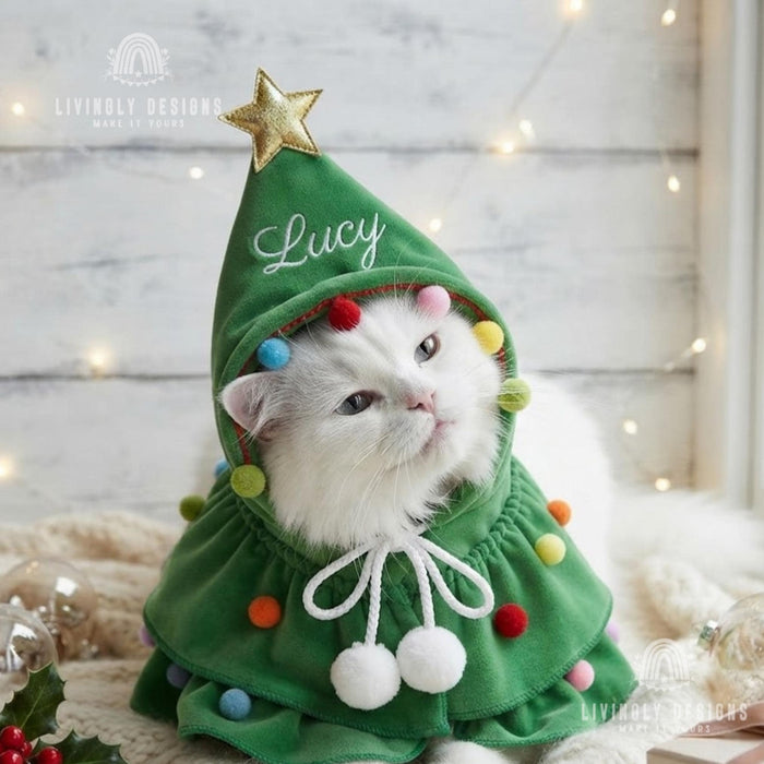Personalized Pet Christmas Tree Cape: Custom Embroidered Costume for Dogs & Cats, Festive Costume, Jacket
