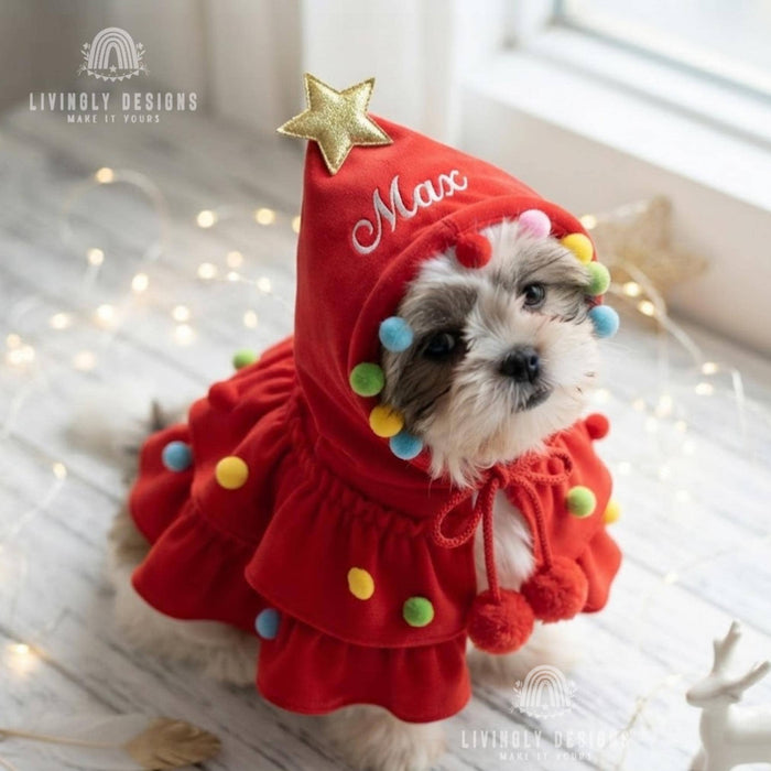 Custom Name Pet Christmas Tree Costume - Embroidered Cape for Dogs & Cats