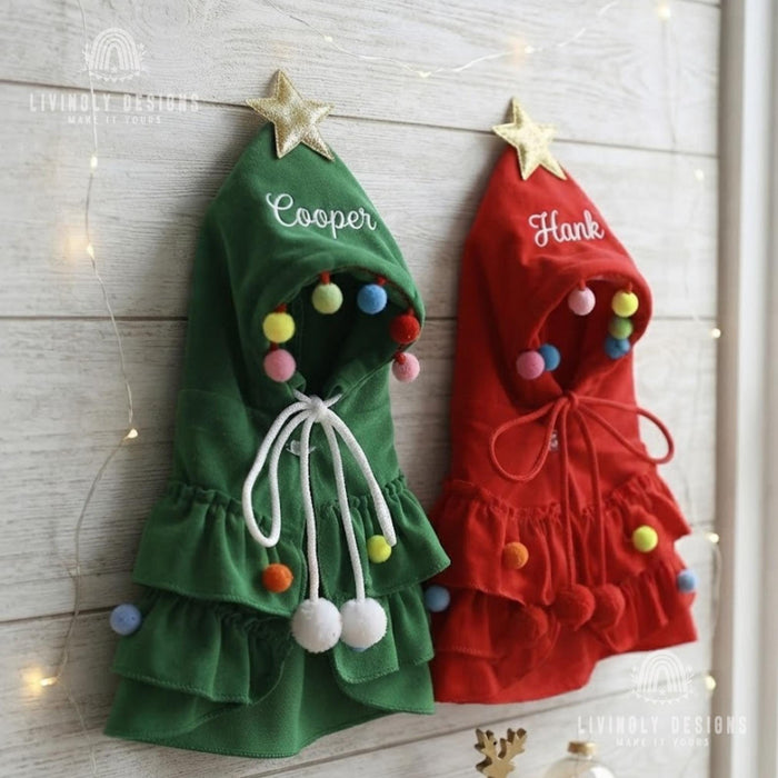 Custom Name Pet Christmas Tree Costume - Embroidered Cape for Dogs & Cats