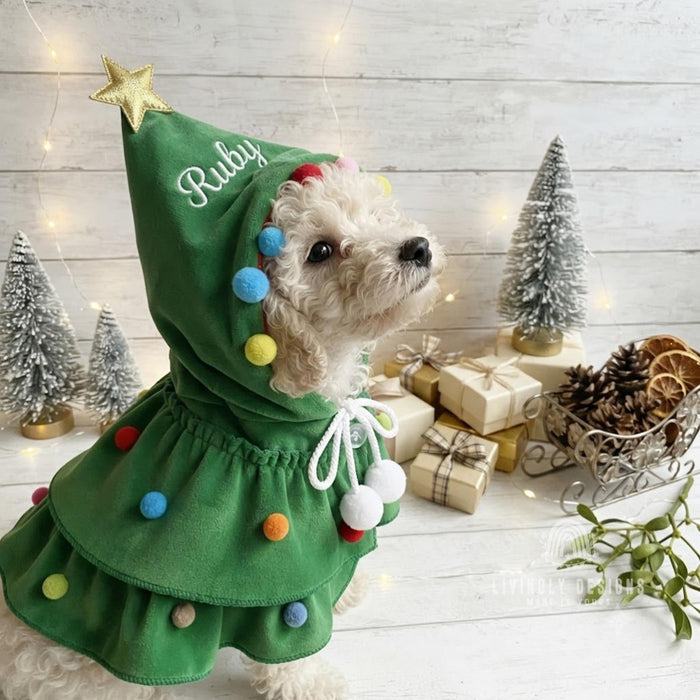 Custom Name Pet Christmas Tree Costume - Embroidered Cape for Dogs & Cats