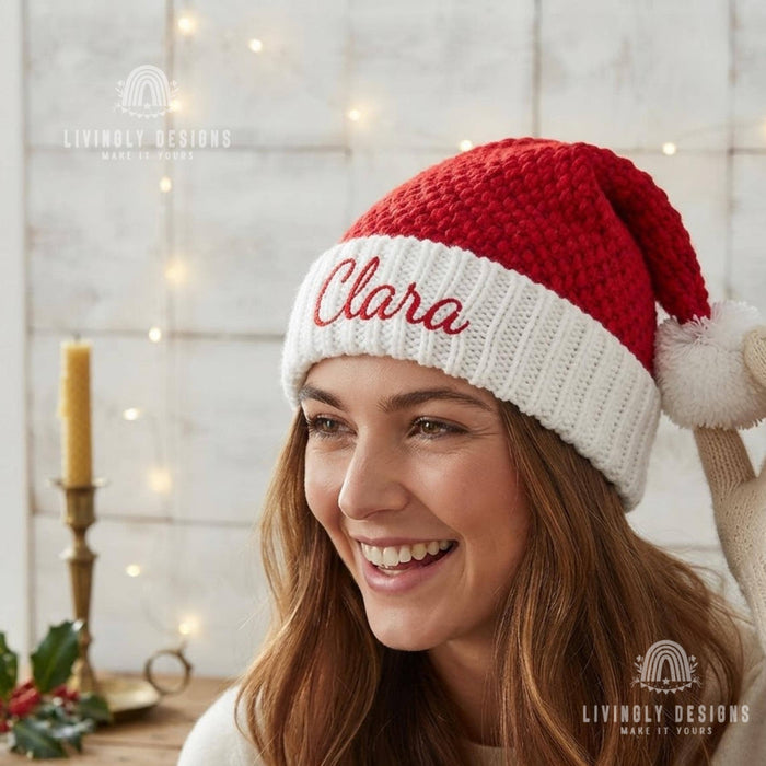 Custom Name Crochet Santa Hat - Embroidered Chunky Beanie for Adults
