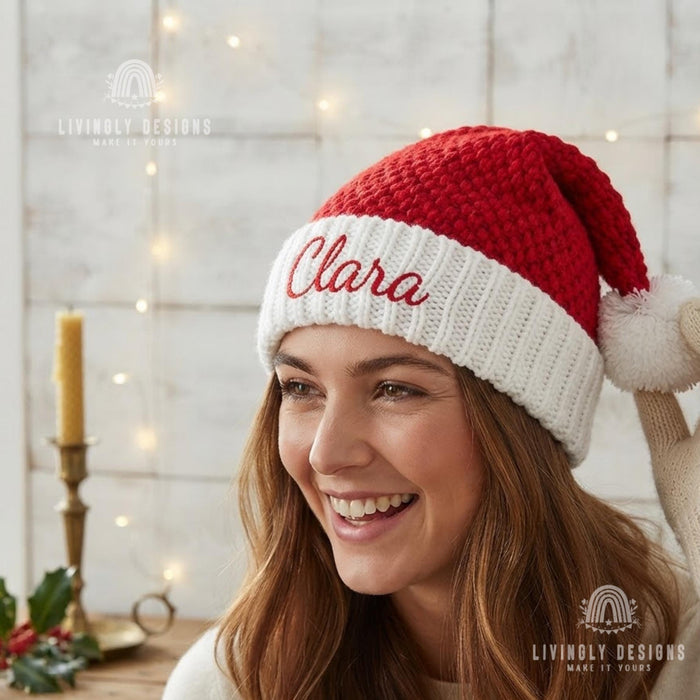 Personalized Crochet Santa Beanie: Custom Embroidered Chunky Knit Hat for Adults, Santa Hat - Embroidered Chunky Beanie for Adults