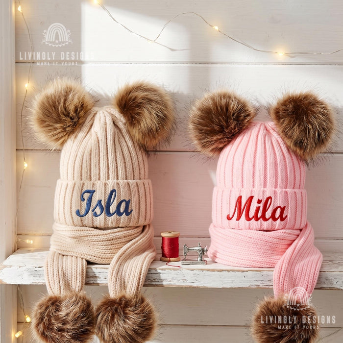Custom Embroidered Baby Winter Set: Personalized Pom Pom Hat & Scarf