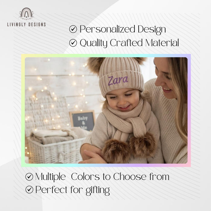 Custom Embroidered Baby Winter Set: Personalized Pom Pom Hat & Scarf