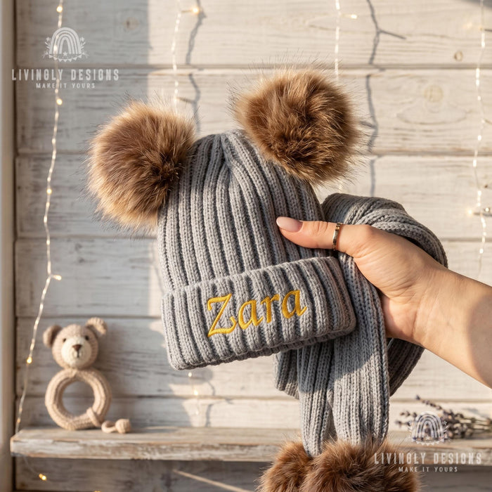 Custom Embroidered Baby Winter Set: Personalized Pom Pom Hat & Scarf