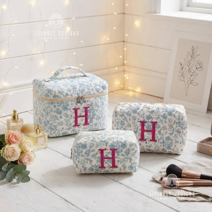 Personalized Makeup Bag Set, Monogram Quilted Cosmetic Bags