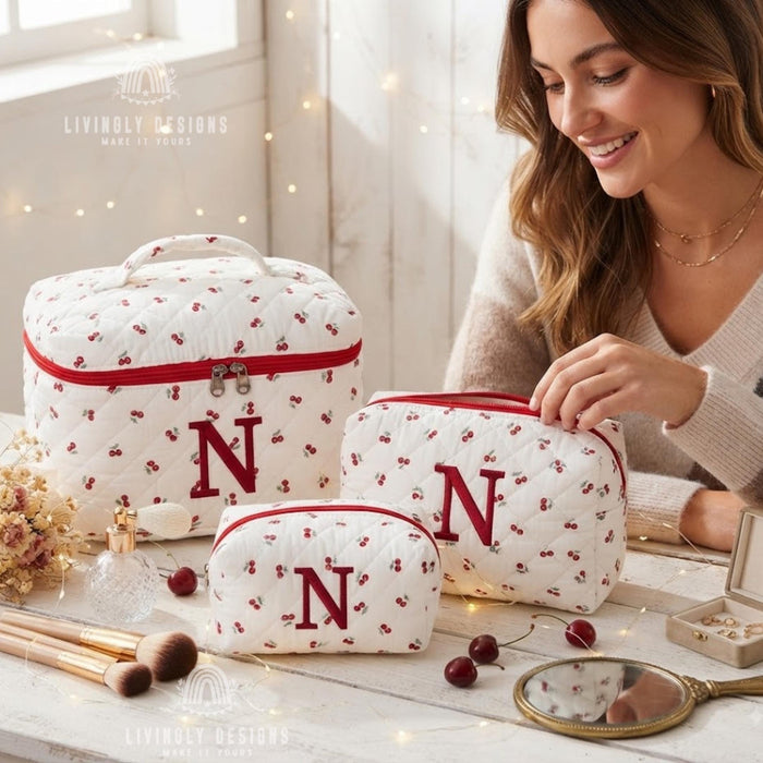Personalized Makeup Bag Set, Monogram Quilted Cosmetic Bags