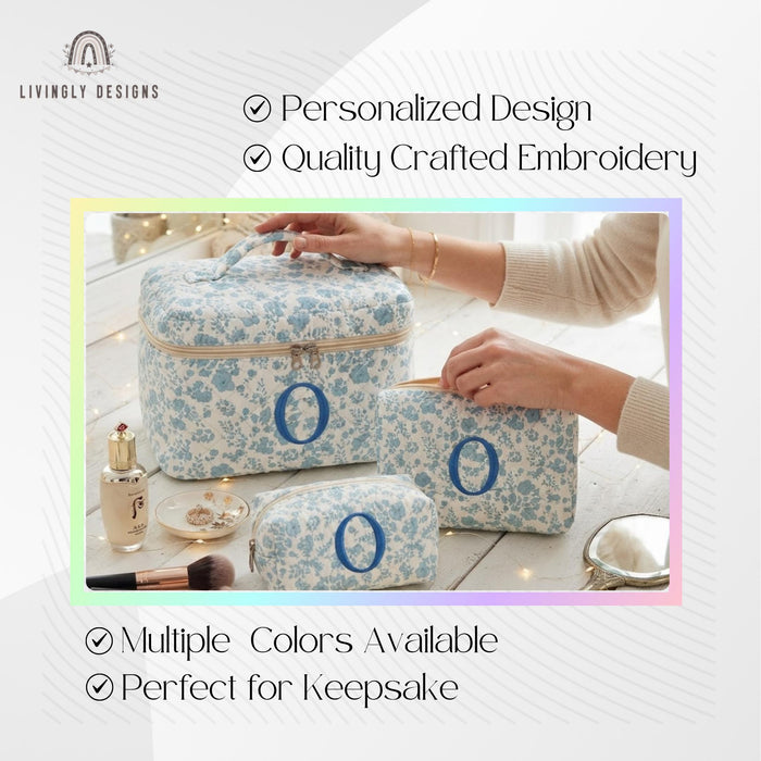 Personalized Makeup Bag Set, Monogram Quilted Cosmetic Bags