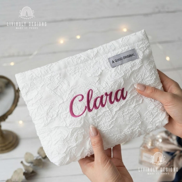 Custom Embroidered Name Makeup Pouch: Floral Jacquard Cosmetic Bag Gift