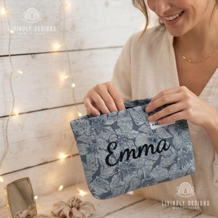 Custom Embroidered Name Makeup Pouch: Floral Jacquard Cosmetic Bag Gift