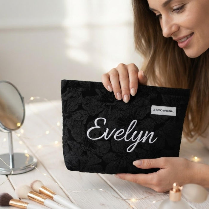 Custom Embroidered Name Makeup Pouch: Floral Jacquard Cosmetic Bag Gift