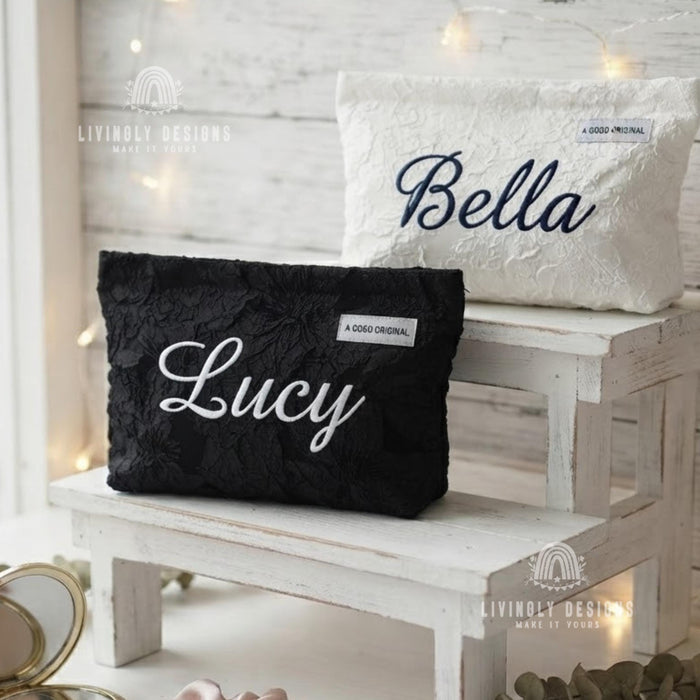 Custom Embroidered Name Makeup Pouch: Floral Jacquard Cosmetic Bag Gift